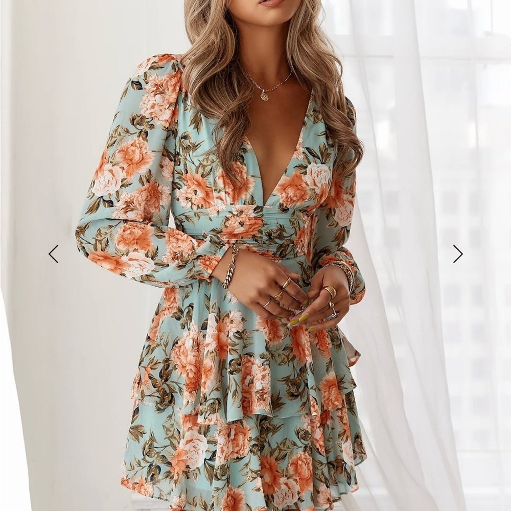 Hello Molly Floral Miami Love Long Sleeve Dress - green and Orange